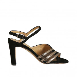 Woman's sandal in black suede, bronze laminated leather and transparent net heel 8 - Available sizes:  42, 45