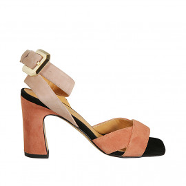 Woman's sandal with buckle in pink, nude and black suede heel 8 - Available sizes:  42