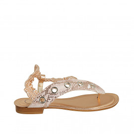 Woman's thong sandal with elastic band in copper and copper and white printed leather heel 2 - Available sizes:  42