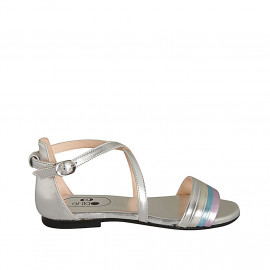 Woman's open shoe with strap in silver, platinum, light blue and pink laminated leather heel 1 - Available sizes:  33