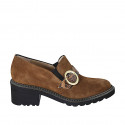 Woman's highfronted shoe with elastics and buckle in brown suede and printed leather heel 5 - Available sizes:  43