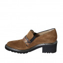 Woman's highfronted shoe with elastics and buckle in brown suede and printed leather heel 5 - Available sizes:  43