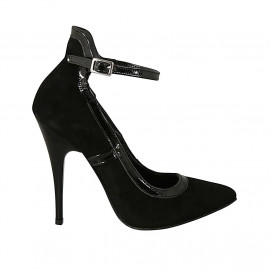 Woman's pump in black suede and patent leather with ankle strap heel 11 - Available sizes:  31