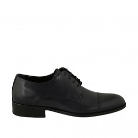 Elegant laced derby men's shoe with captoe in blue leather - Available sizes:  47