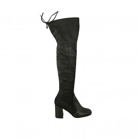 Botas a la rodilla para mujer en gamuza elastica y piel negra con cordones y media cremallera tacon 7 - Tallas disponibles:  33, 34, 42