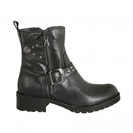 Botines para mujer con cremalleras, hebilla y tachuelas en piel negra tacon 3 - Tallas disponibles:  32