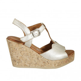 Woman's strap sandal with platform in platinum laminated leather wedge heel 9 - Available sizes:  42, 43