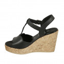 Woman's sandal in black leather with strap, platform and wedge heel 9 - Available sizes:  42, 43, 44