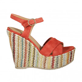 Woman's strap sandal with platform in red suede and multicolored fabric wedge heel 12 - Available sizes:  42, 43