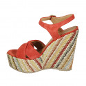 Sandalia para mujer con plataforma y cinturon en gamuza roja y tejido multicolor cuña 12 - Tallas disponibles:  42, 43