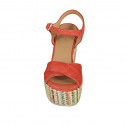 Sandalia para mujer con plataforma y cinturon en gamuza roja y tejido multicolor cuña 12 - Tallas disponibles:  42, 43