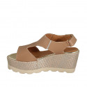 Woman's sandal with velcro strap in light brown leather and fabric wedge heel 7 - Available sizes:  43