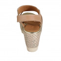 Woman's sandal with velcro strap in light brown leather and fabric wedge heel 7 - Available sizes:  43