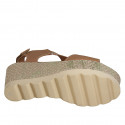 Woman's sandal with velcro strap in light brown leather and fabric wedge heel 7 - Available sizes:  43