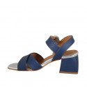 Woman's strap sandal in blue leather and silver laminated leather heel 5 - Available sizes:  44