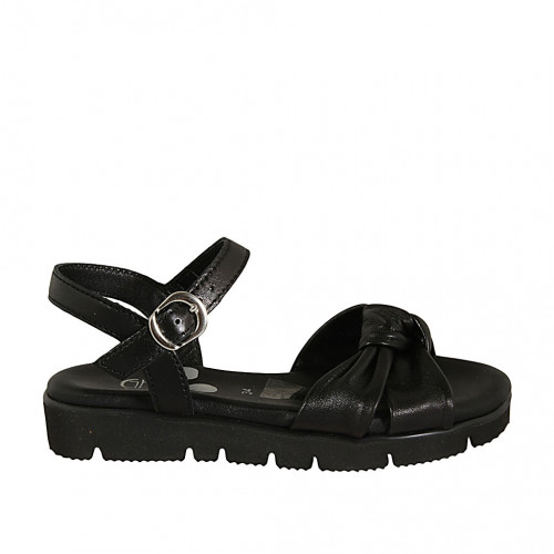 Woman's sandal with strap and knot in black leather wedge heel 3 - Available sizes:  42