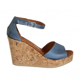 Woman's open shoe with strap and platform in light blue leather wedge heel 9 - Available sizes:  42, 43