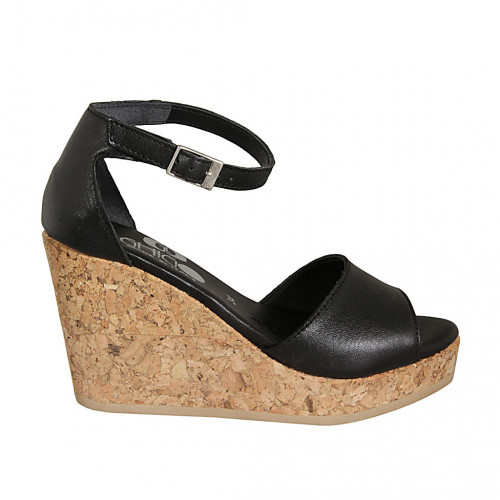 Woman's open shoe with strap and platform in black leather wedge heel 9 - Available sizes:  42