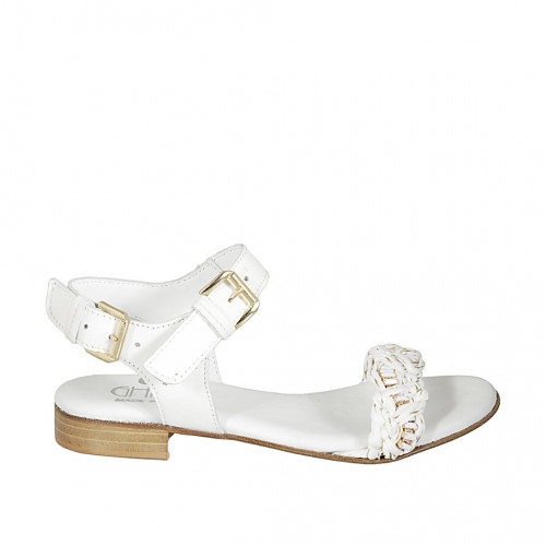 Woman's straps sandal in white leather and white, platinum copper braided raffia heel 2 - Available sizes:  33