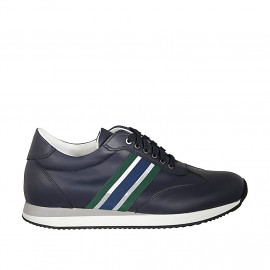 Men's laced casual shoe with removable insole in blue leather and blue, green and grey fabric - Available sizes:  37, 50