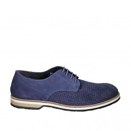 Men's laced derby shoe in blue suede and pierced suede - Available sizes:  47, 50