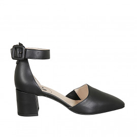 Chaussure ouverte à bout pointu pour femmes avec courroie et elastique en cuir noir talon 5 - Pointures disponibles:  45