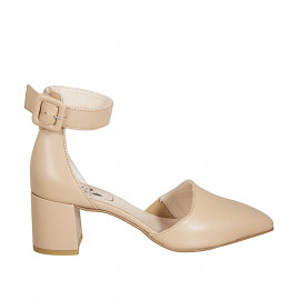 Chaussure ouverte à bout pointu pour femmes avec courroie et elastique en cuir beige talon 5 - Pointures disponibles:  45