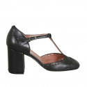 Woman's open T-strap shoe in black leather and black leather heel 8 - Available sizes:  42