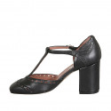 Woman's open T-strap shoe in black leather and black leather heel 8 - Available sizes:  42