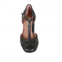 Woman's open T-strap shoe in black leather and black leather heel 8 - Available sizes:  42