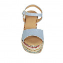 Woman's sandal with strap in light blue leather and multicolored fabric wedge heel 9 - Available sizes:  42, 43