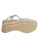 Woman's sandal with strap in light blue leather and multicolored fabric wedge heel 9 - Available sizes:  42, 43