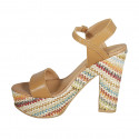 Woman's strap sandal with platform in tan brown leather and multicolored fabric heel 12 - Available sizes:  42, 43