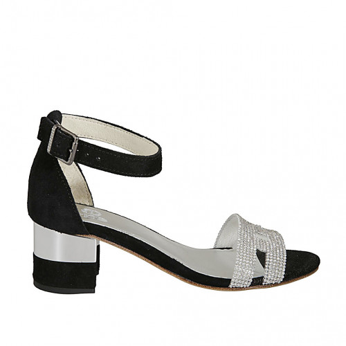 Woman's open strap shoe in black suede and silver glitter heel 5 - Available sizes:  42