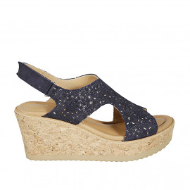 Woman's sandal with velcro strap in blue pierced suede wedge heel 7 - Available sizes:  45