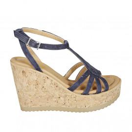 Woman's strap sandal in blue suede wedge heel 9 - Available sizes:  42, 44