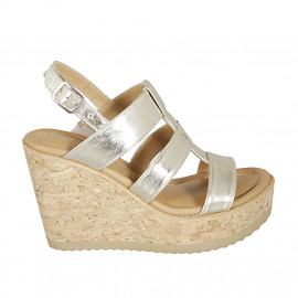 Woman's sandal in platinum laminated leather with platform and wedge heel 9 - Available sizes:  42