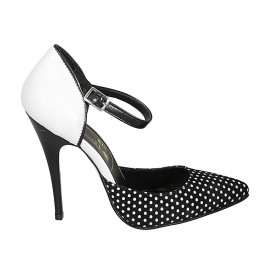 Zapato abierto a punta para mujer con cinturon en piel blanca y gamuza negra de lunares tacon 11 - Tallas disponibles:  34, 42, 43