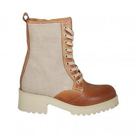 Bottines avec lacets et fermeture éclair  pour femmes en tissu beige et cuir brun clair talon 4 - Pointures disponibles:  42