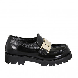 Mocassin avec elastique et accessoire pour femmes en cuir verni noir talon 3 - Pointures disponibles:  32